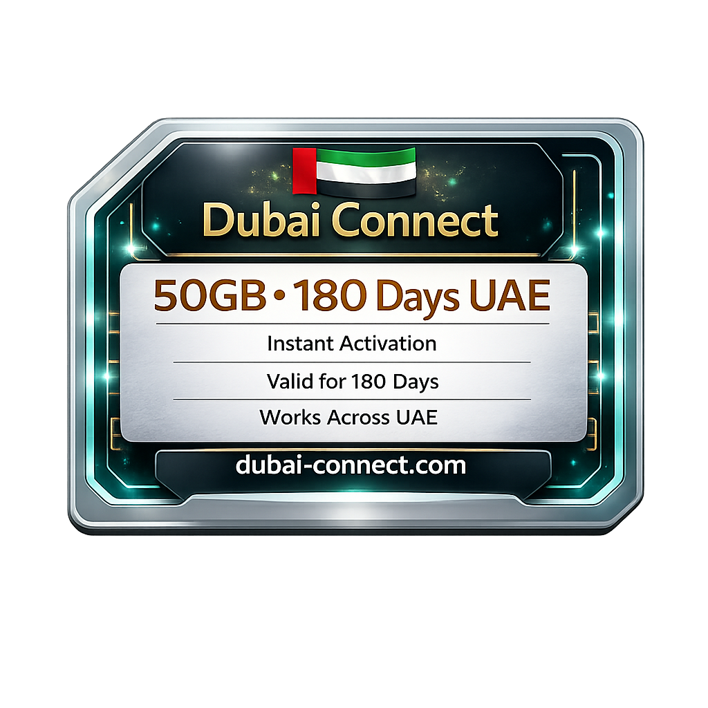 UAE eSIM von Egypt Connect mit 50GB Daten für 180 Tage, digitale SIM-Karte auf einem Smartphone.