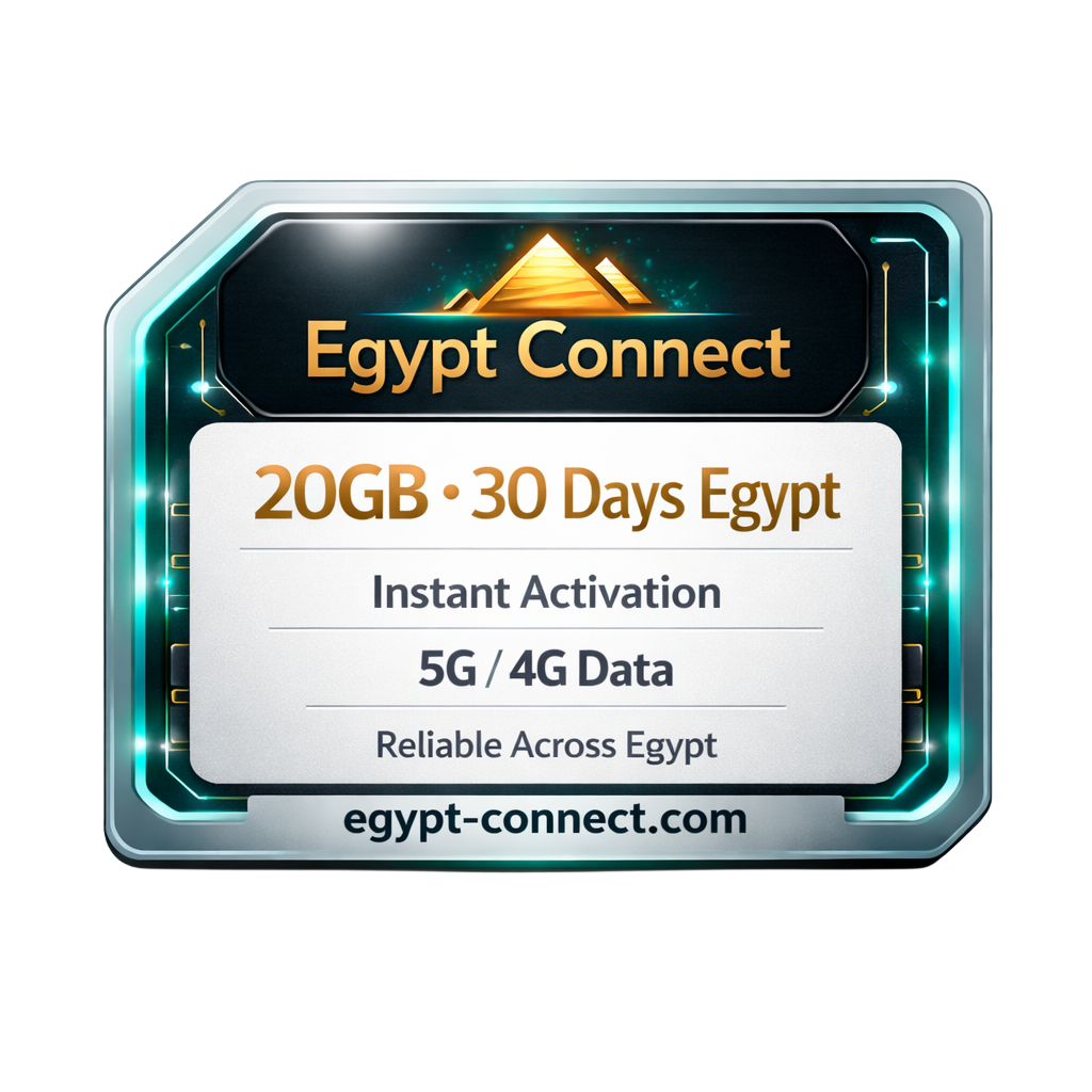 Egypt Connect Egypt eSIM mit 20GB Datenvolumen und 30 Tagen Gültigkeit, zeigt die eSIM-karte und Abdeckungsbereiche.